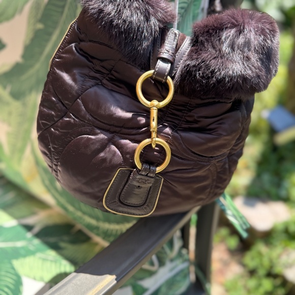 Vintage Limited Edition -Coach Brown Rabbit Fur Nylon Quilted Hobo Bag - Picture 3 of 11